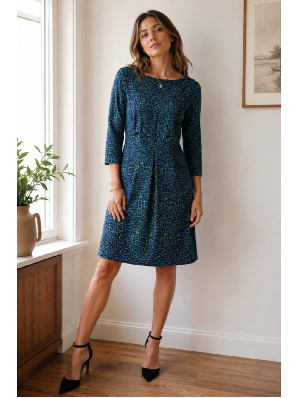 Women's Jude Connally Long Sleeve Dress L Green Blue Leopard Print Summer Sale